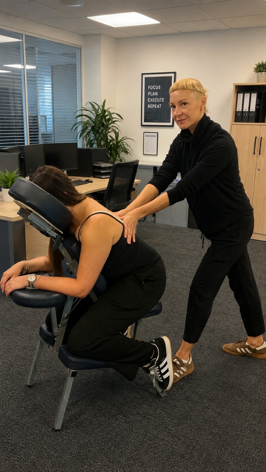 Seated chair massage during an office wellbeing session